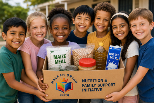 Children with a nutrition and family support food pack, as illustrated in the Malkah Oriah poster